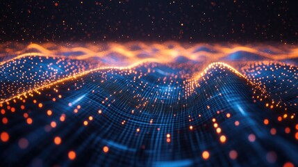 Poster - Abstract glowing lines forming a futuristic grid with a 3D perspective, evoking digital networks and connections on a blue background