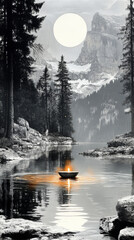 Wall Mural - A single candle illuminates a calm lake in a serene mountain setting.