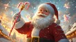© HuynhThiThuy - Santa Claus raising a candy cane scepter, surrounded by flying sugar plums and glowing Christmas lights, cute cartoon style, bright and cheerful holiday colors, magical and joyful winter scene,