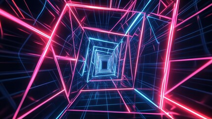 Poster - Abstract neon lines forming a geometric pattern with a 3D perspective on a dark background, giving a high-tech and futuristic feel 21b6d