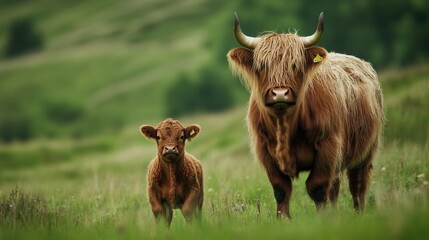 Wall Mural - Highland calf standing beside its mother in a lush green meadow, both adorned with their iconic long fur.