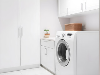 Laundry room interior with modern washing machine. 