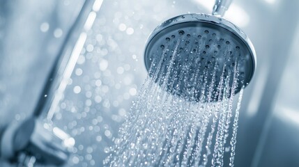 Aufkleber - Close-up of water streaming from a handheld showerhead in a modern glass-enclosed shower, with reflections creating a clean, sleek look -