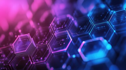 Poster - Complex geometric abstract lines forming hexagonal patterns in gradient shades of blue and purple, evoking technology and digital networks