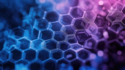 Poster - Complex geometric abstract lines forming hexagonal patterns in gradient shades of blue and purple, evoking technology and digital networks