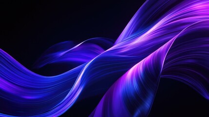 Poster - curved abstract lines in shades of purple and blue, moving in a wave-like motion across a black back