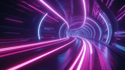 Poster - Curved neon lines forming a tunnel-like effect on a dark background, creating a sense of depth, movement, and futuristic energy