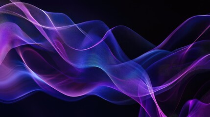 Poster - curved abstract lines in shades of purple and blue, moving in a wave-like motion across a black back