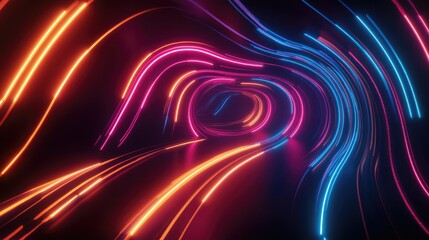 Poster - Curved neon lines forming a tunnel-like effect on a dark background, creating a sense of depth, movement, and futuristic energy