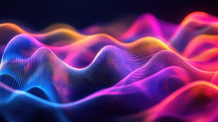 Poster - Glowing abstract lines flowing in a wave pattern with vibrant colors on a dark background, evoking speed, energy, and innovation