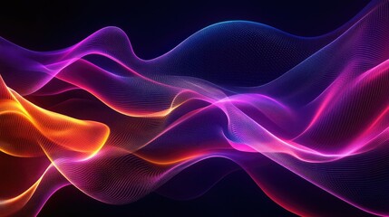 Poster - Glowing abstract lines flowing in a wave pattern with vibrant colors on a dark background, evoking speed, energy, and innovation