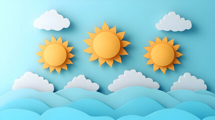 Colorful paper cut sun and clouds with waves against a blue background, ideal for summer themes and cheerful designs.