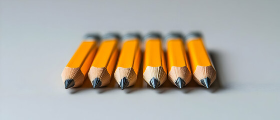 Poster - A row of sharpened yellow pencils arranged neatly on a gray surface, showcasing a minimalistic and artistic perspective.