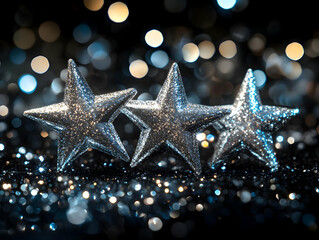 Poster - Three sparkling silver stars on a glittery surface, illuminated by soft bokeh lights in a festive ambiance.