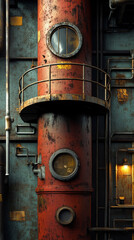 Canvas Print - Rusty red industrial column with circular windows and a small platform.