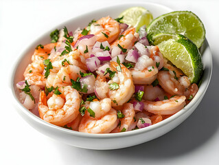 Fresh shrimp ceviche garnished with lime and herbs in a white bowl.