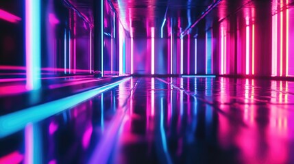 Poster - Sleek lines of neon lights reflecting off a chrome surface, forming vibrant, colorful patterns and a futuristic aesthetic