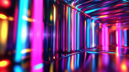 Poster - Sleek lines of neon lights reflecting off a chrome surface, forming vibrant, colorful patterns and a futuristic aesthetic