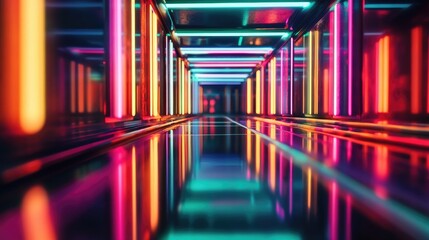 Poster - Sleek lines of neon lights reflecting off a chrome surface, forming vibrant, colorful patterns and a futuristic aesthetic