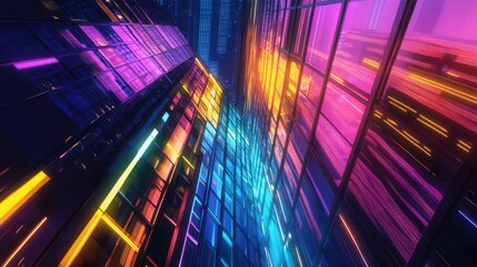 Poster - Sleek neon lights reflecting off the smooth surface of a modern skyscraper, casting vibrant, colorful patterns in the urban night