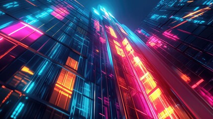 Poster - Sleek neon lights reflecting off the smooth surface of a modern skyscraper, casting vibrant, colorful patterns in the urban night