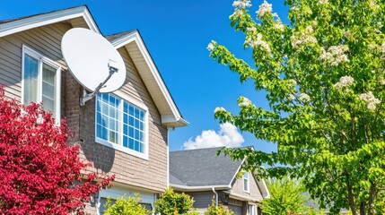 Poster - A modern suburban home with a satellite dish on the side, surrounded by lush greenery and a clear blue sky.