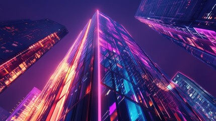 Poster - Sleek neon lights reflecting off the smooth surface of a modern skyscraper, casting vibrant, colorful patterns in the urban night