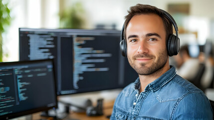 Poster - Focused man in headphones working on computer coding in a modern office environment.