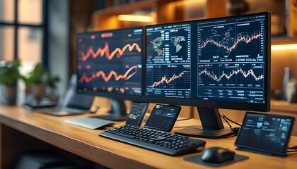 Futuristic trading desk featuring advanced technology and analytical tools for rapid decision-making and generative AI integration