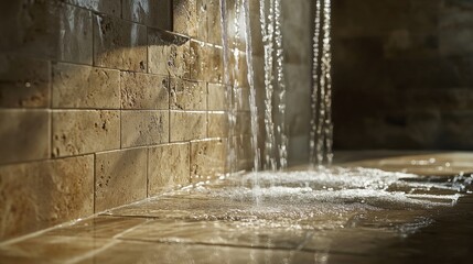 Poster - water streaming down the surface of smooth, natural stone tiles in a walk-in shower, creating a sere