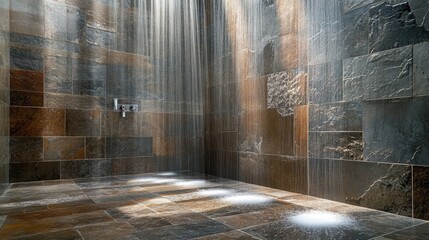 Poster - water streaming down the surface of smooth, natural stone tiles in a walk-in shower, creating a sere