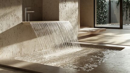 Poster - water streaming down the surface of smooth, natural stone tiles in a walk-in shower, creating a sere