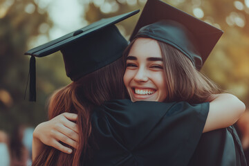 With a hug and a smile, a female graduate celebrates her academic success, having reached her educational goals and received her university degree.