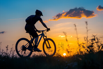 Man on mountain bike against sundown sky silhouette