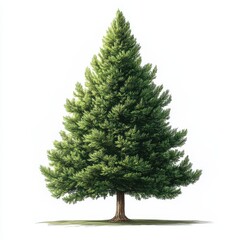 A tall, symmetrical pine tree with dense green foliage, isolated on a plain white background, showing a classic triangular shape.