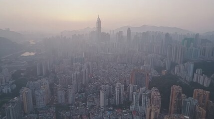 Poster - Aerial view of a sprawling cityscape at sunset, with skyscrapers and mountains in the background.