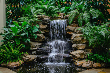 Wall Mural - A serene indoor waterfall surrounded by lush greenery, creating a tranquil atmosphere.