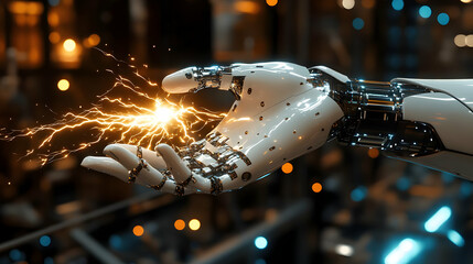 Poster - A futuristic robotic hand generating electric sparks, showcasing advanced technology in a dynamic environment.