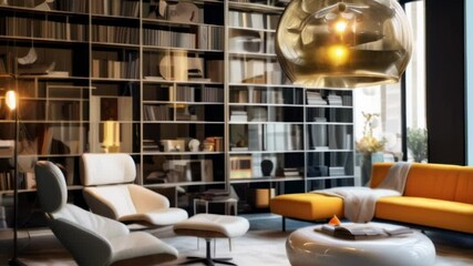 Poster - Spacious living room with yellow sofa, bookshelf, and golden lamp, perfect for relaxing and reading. Modern, luxurious design with stylish furniture and cozy decor elements
