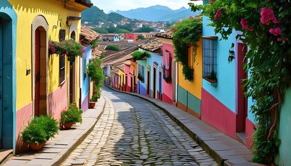 Sticker - Charming Colonial Streets with Colorful Buildings and Cobblestone Pathways in Latin America