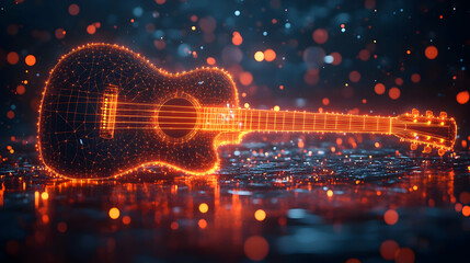 Poster - A glowing, illuminated guitar on a reflective surface, surrounded by colorful bokeh lights, creating a vibrant atmosphere.