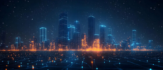 Poster - Futuristic city skyline with vibrant neon lights and digital effects against a dark backdrop.