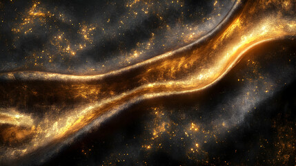 Poster - Abstract golden swirl pattern with glowing particles on a dark background, creating a sense of movement and depth.
