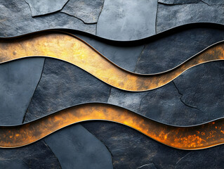 Poster - Abstract design with wavy metallic lines against a textured stone background.