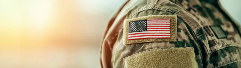 close up of veterans uniform showcasing flag patch, symbolizing honor and service. warm background a