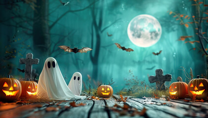 Ghosts in White Sheets Flying Bats Spooky Forest full Moon Pumpkins Graveyard Spooky Night Halloween Backdrop