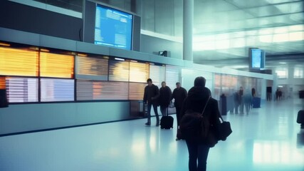 Poster - In a busy airport terminal, a man checks the departures board, surrounded by a crowd of travelers. Excitement fills the modern hall as passengers prepare to depart for their destinations