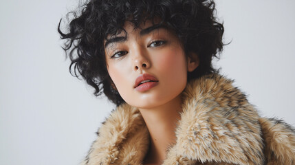 young woman with curly hair and fur coat posing confidently.
