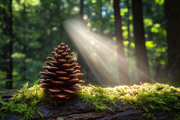 Wall Mural - A serene forest scene featuring a pinecone on a mossy log, illuminated by soft rays of sunlight filtering through the trees.