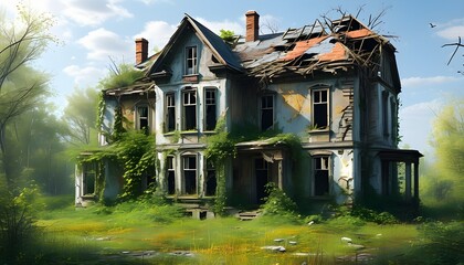 Wall Mural - Eerie beauty of a dilapidated home with shattered windows and wild weeds, embodying themes of decay and abandonment in a forgotten landscape.